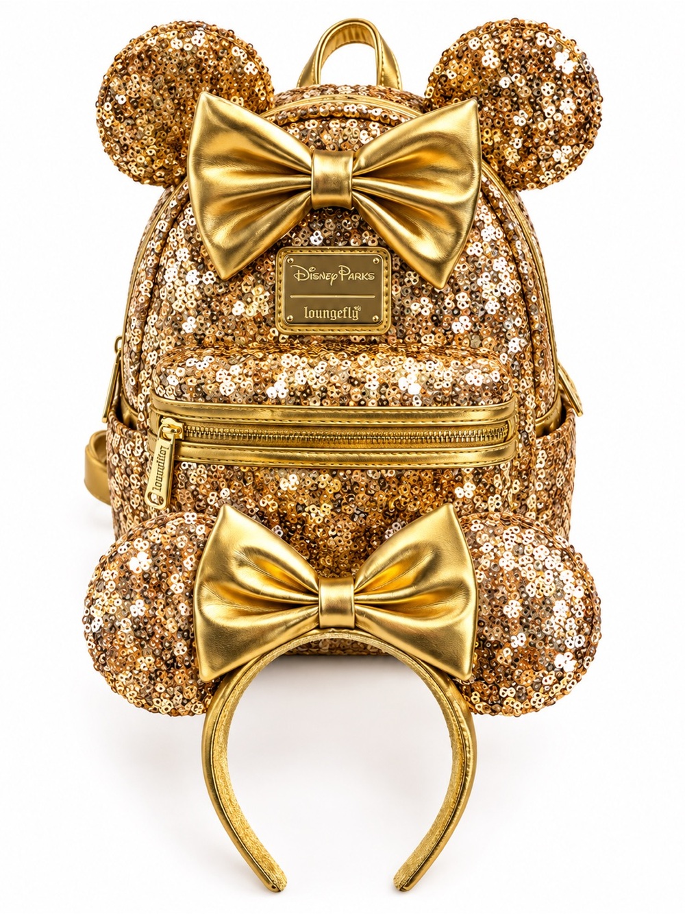 Loungefly Gold Sequin Minnie Ear Mini Backpack with Bow and Headband